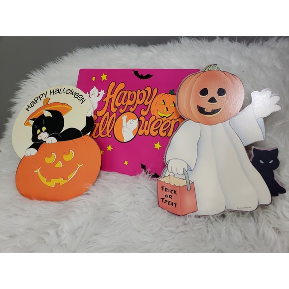American Greetings Other - 3 Vintage Halloween Die Cut Decor Black Cat Pumpkin Ghost Sign Window Retro 90s